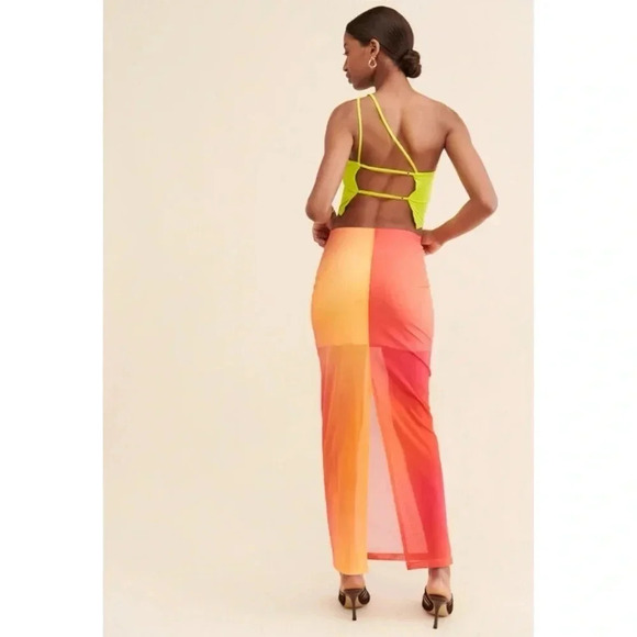 Boskemper Mesh Colorblock Maxi Skirt Sheer Long Ombre Orange - Picture 5 of 15